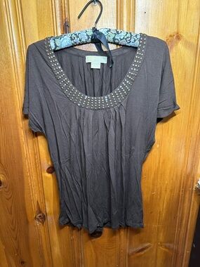 Michael Kors Brown Short Sleeve Scoop Neck Top with Stud Trim
